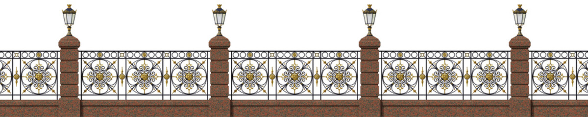 3D render for project. Isolated. White background. Classic iron railings with stone pillars and streetlights. Gold decor. Black metal. Wrought iron. Red granite.
