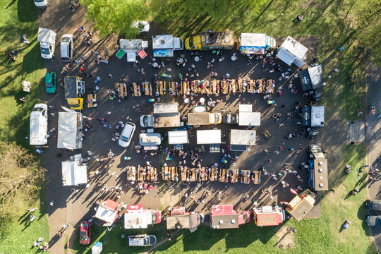 Food truck rally, fast food party in silesia dabrowa gornicza poland aerial drone photo
