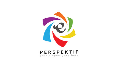 Colorful pinwheel logo design vector with letter e inside