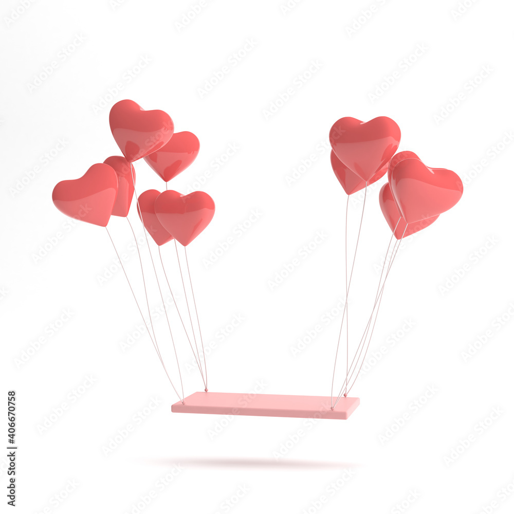 Poster Minimal scene of floating swing chair with red balloon in heart shape. 3D rendering