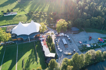 Food truck rally, fast food party in zywiec poland aerial drone photo