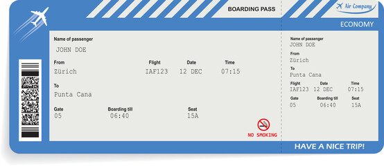 Pattern of airline boarding pass ticket in blue color. Travel or journey by plane concept. Blue boarding pass. Vector illustration - obrazy, fototapety, plakaty