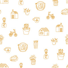 Countryside romance, outline doodles vector pattern