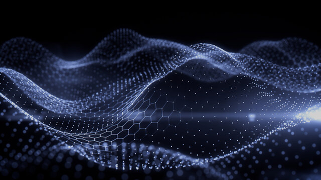 Abstract 3D Technology concept. Big Data and Artificial Intelligence represented as a High Tech Futuristic Particle Network. Abstract background. 3D render