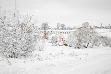winter, all the trees in the vicinity of the village are covered with snow