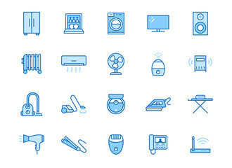Household appliance line icon set. Washing machine, humidifier robot vacuum cleaner, curling iron minimal vector illustration. Simple outline signs for electronics. Blue color, Editable Stroke