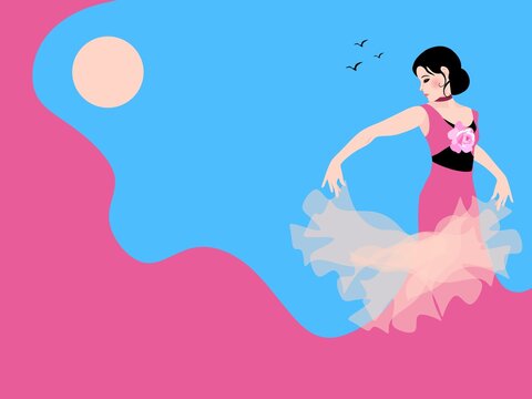 Handsome young lady in long pink dress dancing flamenco on blue sky background. Vector illustration.