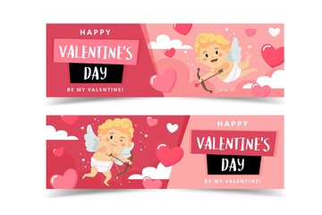 Valentine's Day banners with cupid character. Vector illustration in flat style