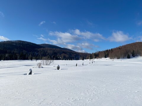 Matic poljana, field with rock monuments representing in World war 2 froezen partisans, near Mrkopalj, Croatia