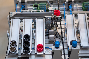 closeup of a vertical storage rack of a smart factory. Products that are placed according to color....