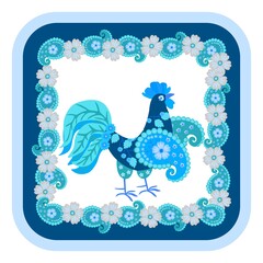 Cute cartoon cockerel in blue and sapphire tones and decorative paisley frame and flowers around. Print for ceramic tiles, handkerchiefs, pillows, hot coasters. Russian folklore motives.