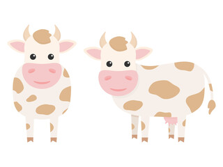 Cute cows charcaters set. Farm cartoon animals. Vector illustration isolated on white