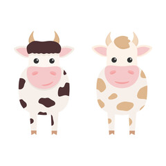 Cute cows charcaters set. Farm cartoon animals. Vector illustration isolated on white