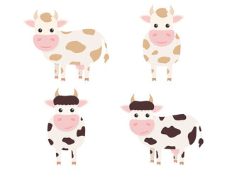 Cute cows charcaters set. Farm cartoon animals. Vector illustration isolated on white