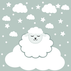 flat vector illustration of Little lamb on a cloud. cute lamb for children's party, textiles and cards