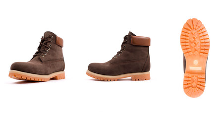 Men's brown shoes, boots isolated white background. Side view, top view and sole.
