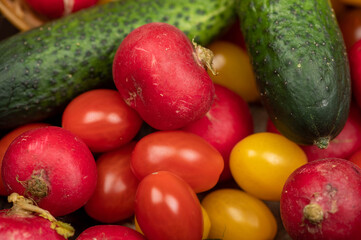Green cucumbers, ripe radishes and colorful tomatoes scattered on the table. Close-up, selective focus.