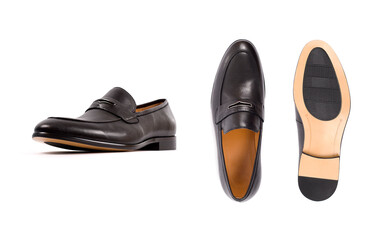 Men's classic black moccasins, loafers isolated white background. Side view, top view and sole.