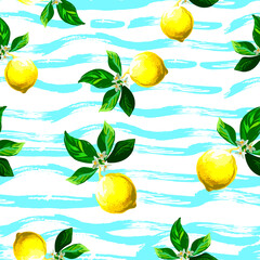 Lemon  seamless vector pattern. Tropical fruit background. Summer exotic print. Hand drawn illustration. Botanical realistic eco pattern.
