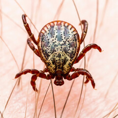 Infectious Encephalitis Tick Insect on Skin. Encephalitis Virus or Lyme Borreliosis Disease Infected Dermacentor Tick Arachnid Parasite Macro.