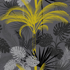tropical pattern with gray background and palm tree with bushes and leaves