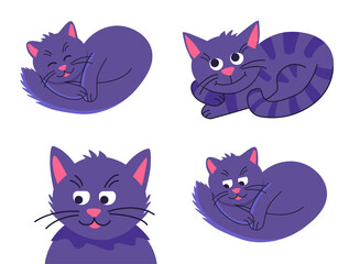 Cute pet cat happy sleeping, relax. Collection purple cats. Flat design style. Isolated on white background. Vector illustration.