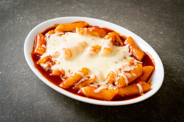 Korean rice cake in spicy Korean sauce with cheese, Cheese Tokpokki, Tteokbokki with Cheese