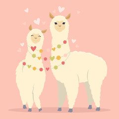Valentine's day flat illustration. Be my llamantine card for with cute llama alpaca and hearts. Greeting card or invitation in trendy style.Vector illustration