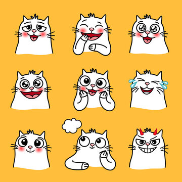 Laughing cat emoticons. Cartoon happy pets with big eyes, cute emotions of home animals, vector illustration of loving and smiling cats isolated on yellow background