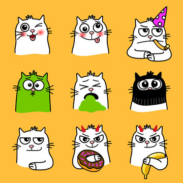Cats expressions. Cartoon pets with cute emotions, creative smiles of home animal, vector illustration of funny emoji of cat with big eyes isolated on yellow background