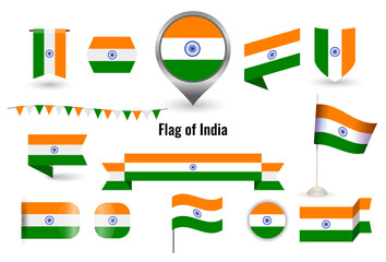 The Flag of India. Circle and square and round India flag. Big set of icons and symbols. Collection of different flags of horizontal and vertical. vector illustration.