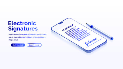 Electronic contract or digital signature concept in isometric vector illustration. Signing an electronic contract online by phone. Website template or web page layout.