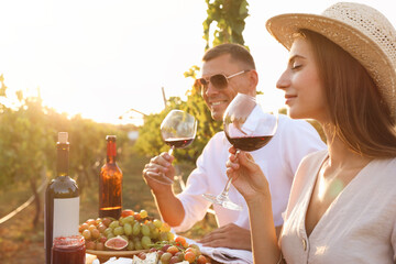Couple tasting red wine at vineyard on sunny day