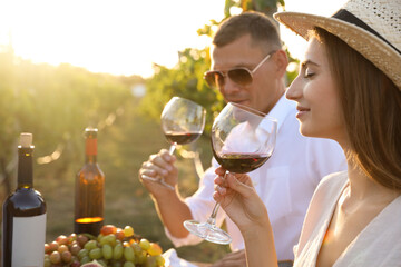 Couple tasting red wine at vineyard on sunny day