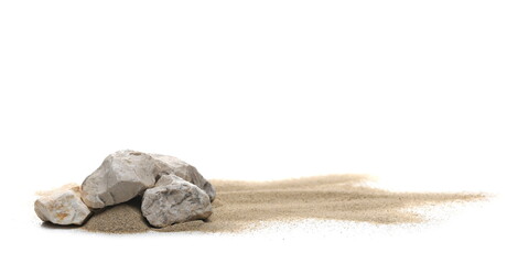 Fototapeta na wymiar Beach, desert sand pile with rocks isolated on white background