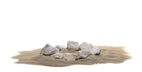 Beach, desert sand pile with rocks isolated on white background