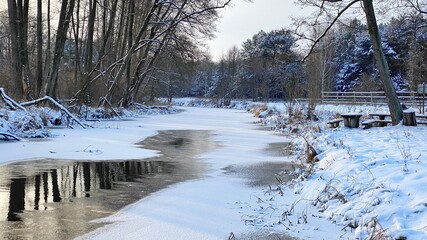 Fototapeta zimowy krajobraz częściowo zamarzniętej rzeki koło Włodawy dużo śniegu niebieskie niebo złota godzina  obraz