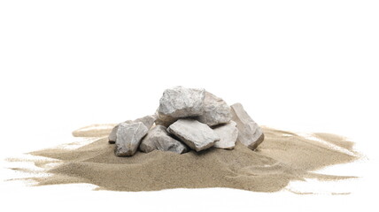 Fototapeta na wymiar Beach, desert sand pile with rocks isolated on white background