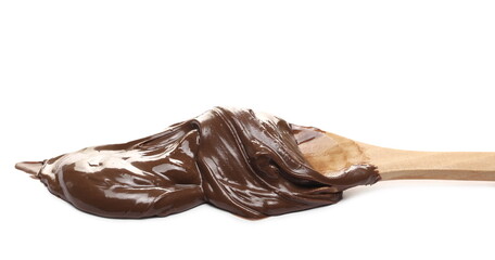 Creamy chocolate with wooden spoon isolated on white background