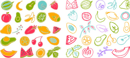 Collection of cartoon juicy fruits, leaves  and berry. Vector illustration. Set of colorful fruit and berries icons. Isolated on white. Fruit web icon hand drawn in doodle style. 