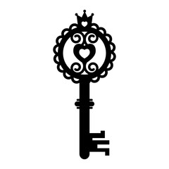 Obraz premium Vintage openwork key template, black stencil, vector illustration, icon, laser cut, decor, design, decoration