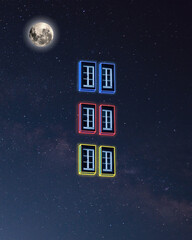 Naklejka premium Windows. Cityscape in bright colors. Trendy neon lighted background, wallpaper with copyspace for ad. Modern design. Contemporary art collage. Inspiration, mood, creativity concept. Retrowave style.