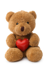 Cute teddy bear with red heart isolated on white. Valentine's day celebration