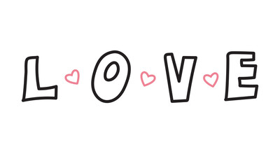 Love vector lettering calligraphy script. Hand drawn illustration. Typography poster with black text with pink  hearts isolated on white background