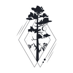 Hand drawn tree badge with mountain and pine.. Geometric wanderlust frame for label or tattoo. Vector isolated moon forest print. 