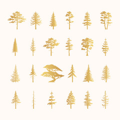 Big golden set of forest trees silhouettes. Vector isoleted gold icons of pine, fir, cedsar, oak. 