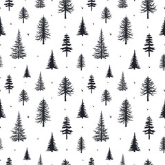 Obraz premium Coniferous trees silhouettes seamless pattern. Conifer texture for fabric. Vector isoleted background with hand drawn evegreen forest, firs and pines. 