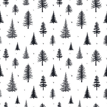 Coniferous trees silhouettes seamless pattern. Conifer texture for fabric. Vector isoleted background with hand drawn evegreen forest, firs and pines. 