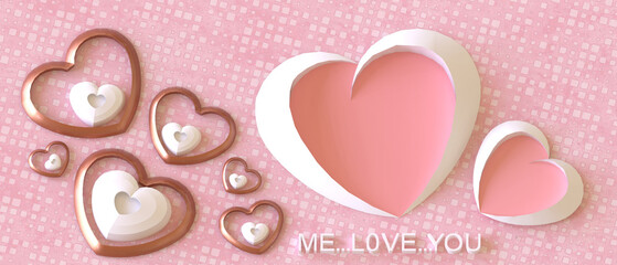 Fototapeta na wymiar Flat lay. Love Valentine's day Background and Paper hearts on Pink Concept, top view - 3d rendering
