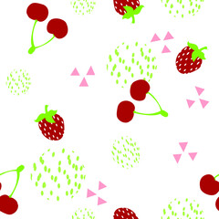 White pattern with fruits for children. Cute texture with strawberry cherry and abstraction.